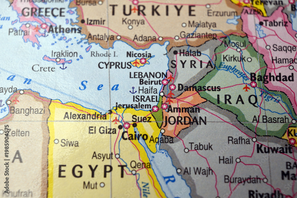 Naklejka premium Israel Close Up Bokeh World Map Macro Defocused Geographic Image