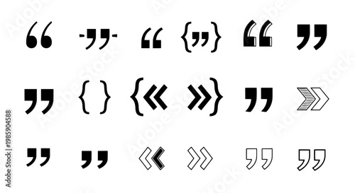 Quotation marks set with various curly and square black and white typographic symbols and arrows featuring typography, punctuation, quotes with