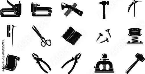 Set of black minimalist icons for upholstery tools, hardware, and equipment on white background.