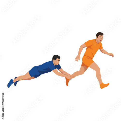 Two athletes in a race one lunging forward, the other reaching back to grab his opponent's ankle