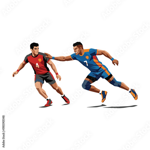 Two athletic male players are in motion, one tagging the other during a sports game, emphasizing agility and teamwork