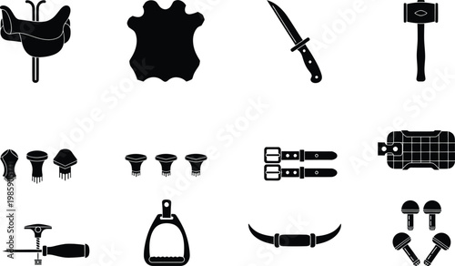 Set of vector icons depicting various tools for leather craft and horse riding accessories.