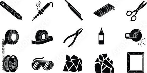 A collection of black and white icons for stained glass making tools and craft materials