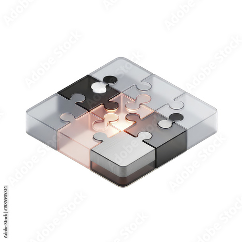 3D puzzle piece with glowing center connection isolated on transparent background