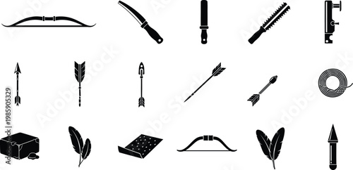 Collection of black silhouette icons featuring ancient archery equipment hunting tools and weapons.