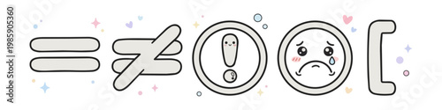 Kawaii mathematical and coding symbols set featuring equals, not equal, exclamation mark and crying face emoji. Vector illustration with cute expressions