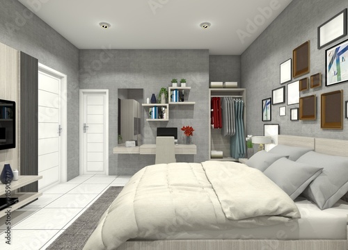 Modern Master Bedroom Interior with King Size Bed and Home Office - 3D Rendering