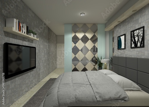 Modern Minimalist Compact Master Bedroom with King Size Bed - 3D Rendering