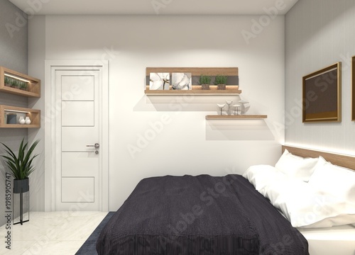 Minimalist Modern Master Bedroom with King Size Bed and Wood Accents - 3D Rendering
