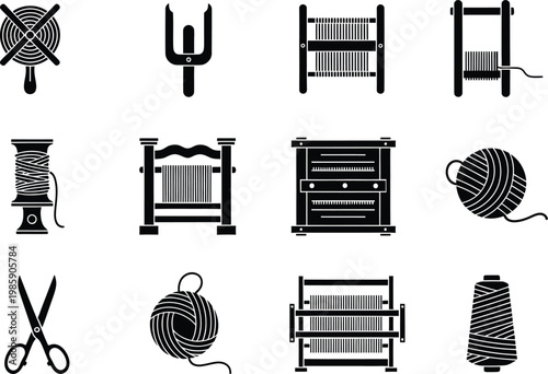 Collection of black and white icons representing weaving and sewing tools such as looms and yarn