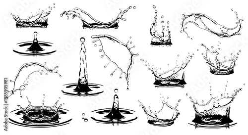 Water drop set with dynamic splashes and ripples in black and white vector illustration featuring splash, ripple, wave with liquid and fluid elements