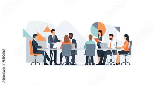 A diverse group of professional colleagues collaborates on business strategies during a productive meeting in a modern office environment.