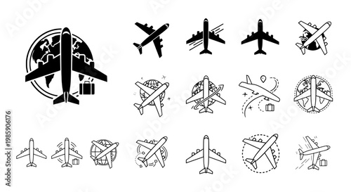 Airplane travel vector icons set with silhouettes, gliders, and contrails for airport and route designs
