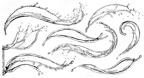 Water splash set with dynamic curved lines and droplets, black and white illustration featuring wave, droplet, fluid with motion and abstract