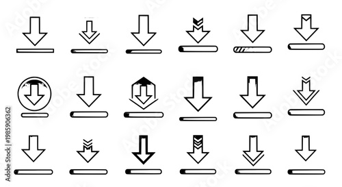 Arrows download icon set with black lines and simple designs, various styles and directions for user interface and navigation.