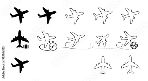 Airplanes vector icon set with black silhouettes and white outlines flying in various directions featuring airplane icons, aircraft symbols, flight
