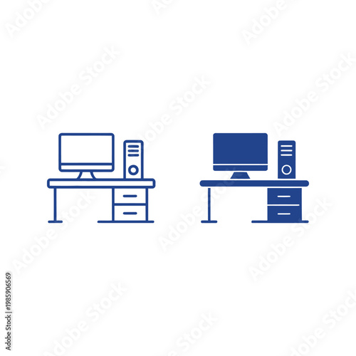 Computer table icon set, vector simple filled and line illustration, work desk symbol, office pc table outline logo or sign.