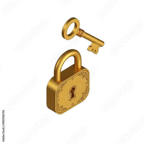 Golden vintage padlock with key unlocked isolated on transparent background