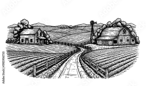 Rural farm landscape vintage engraving vector illustration