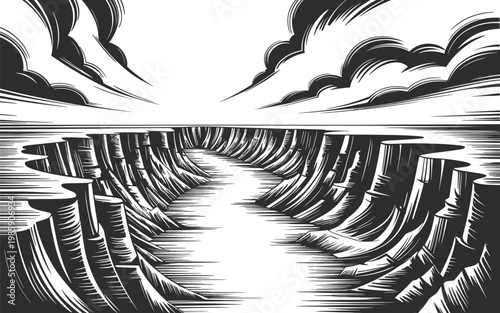 Dramatic landscape illustration of deep canyon with high cliffs and clouds in woodcut style isolated on transparent background.