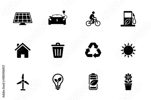 Renewable energy icon set featuring solar panel, electric car, bicycle, recycling, wind turbine, battery, and eco symbols in black minimal style. Ideal for UI, apps, web, and sustainability design