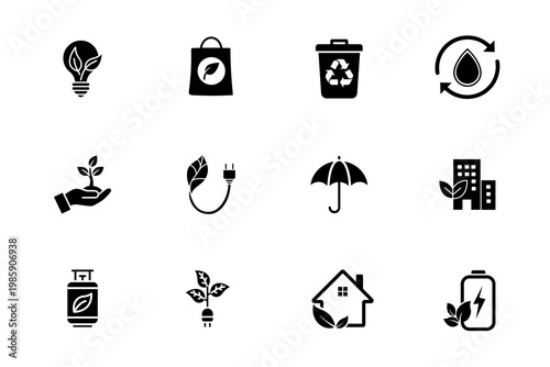 Renewable energy icon set in black minimal style featuring eco symbols, recycling, green power, battery, and sustainable city elements. Ideal for UI, apps, web, and infographic design