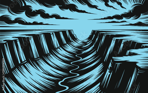 Blue and black landscape illustration of grand canyon with winding river and clouds in stylized comic book woodcut graphic art.