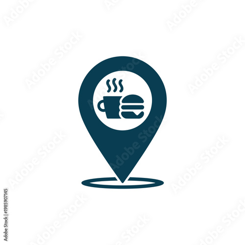 Dark blue location map pin icon with coffee cup and burger symbols for restaurant and cafe food delivery services on transparent.