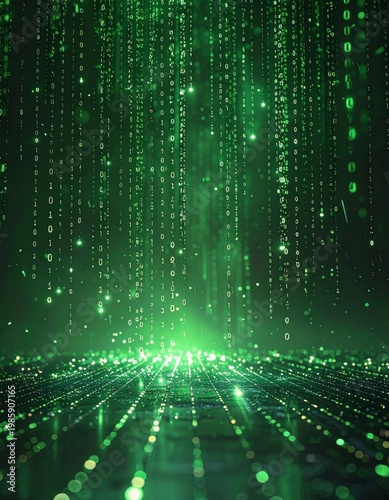 Abstract Green Binary Code Matrix Falling on Reflective Surface Technology