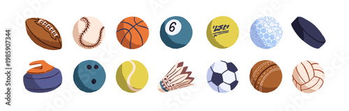 Set of various balls. Sports equipment to play different games: baseball, basketball, football, soccer, volleyball, hockey, curling and tennis. Flat isolated vector illustrations on white background