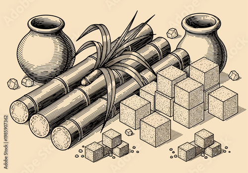 Vintage Illustration of Sugarcane Stalks, Raw Sugar Cubes, and Clay Pots. Hand-Drawn Etching Style Botanical Art for Food and Agriculture Branding.