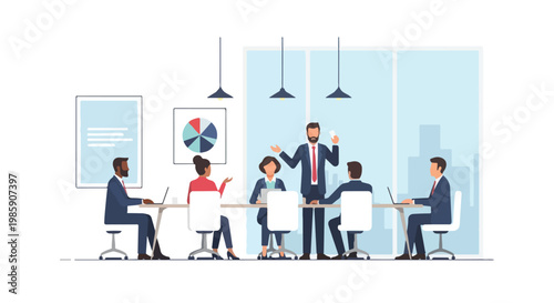 A group of professionals holds a meeting in a modern office with a leader presenting data and team members using laptops at a conference table.