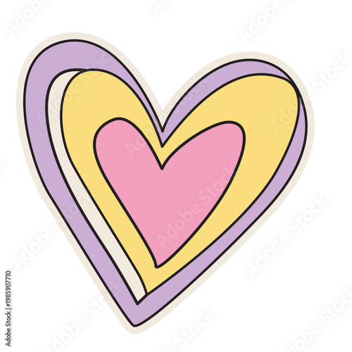 Layered heart shape in yellow pink purple, retro love symbol, vintage vector illustration icon.