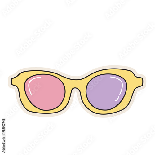 Yellow and purple sunglasses, retro eyewear accessory, vintage fashion, colorful vector illustration icon.