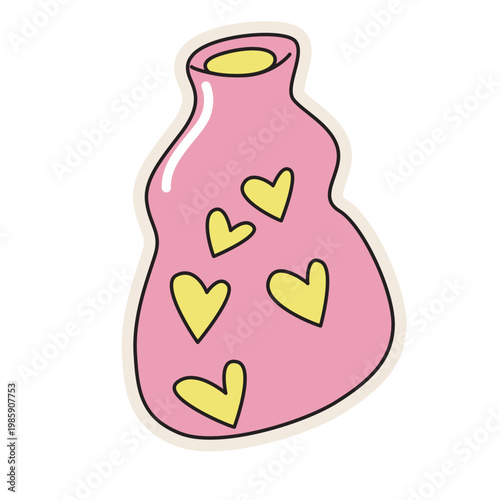 Pink curvy vase with yellow hearts, retro home decor, vintage style, colorful vector.