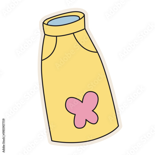 Yellow bottle with pink flower, retro beverage container, vintage drink, colorful vector illustration.