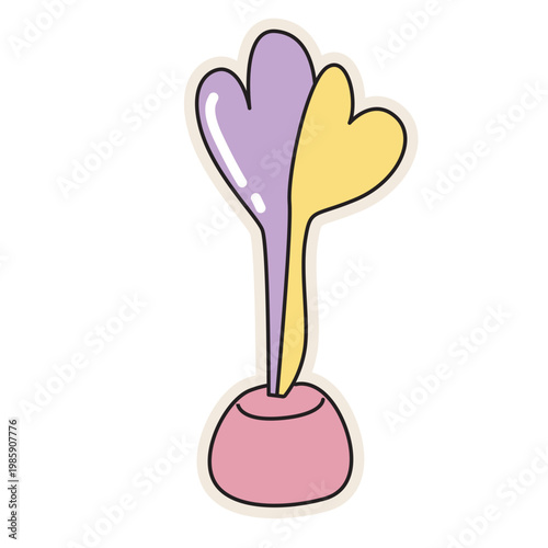 Purple and yellow heart flower, retro plant decor, vintage style, colorful vector illustration.