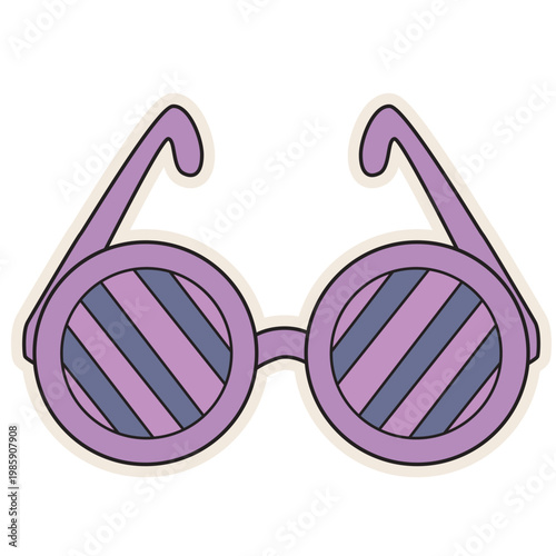 Purple striped sunglasses, retro style, vintage accessory, summer fashion, colorful vector icon.