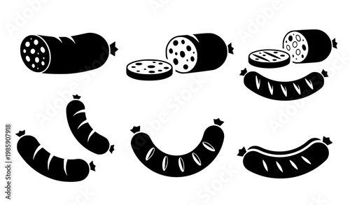 Sausage icon set – black silhouette food vector illustration collection
