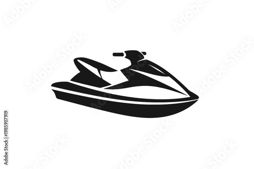 Black and white jet ski vector icon. A sleek personal watercraft (PWC) silhouette perfect for water sports, summer fun, aquatic recreation. This modern graphic element symbolizes speed, thrill, marine
