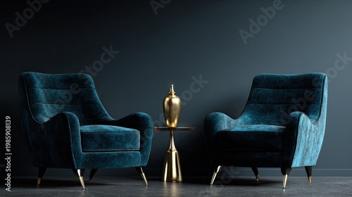 Elegant armchairs with golden accent table against a dark wall