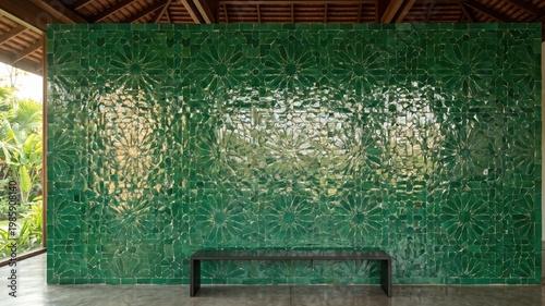 Decorative Green Wall with Floral Patterns in Modern Interior Space