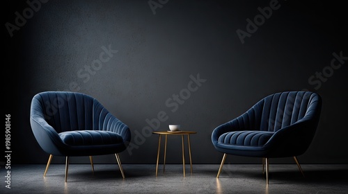 Elegant living room interior with blue armchairs and coffee table