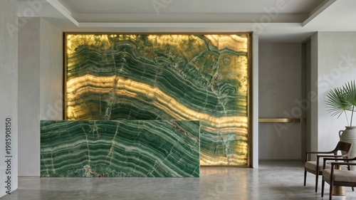 Elegant Reception Area With Malachite Stone Wall and Contemporary Design Elements