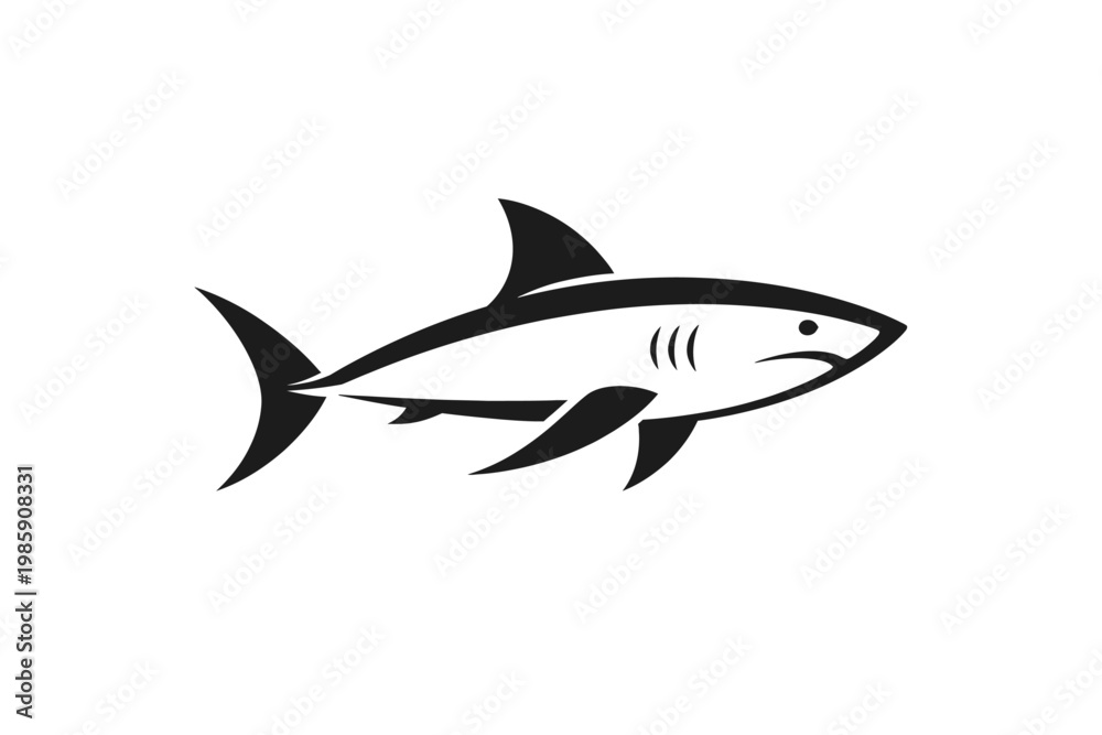 Obraz premium Dynamic Black and White Shark Vector Logo: A Powerful Marine Apex Predator Icon, Perfect for Sports Teams, Brand Identity, and Aquatic-Themed Designs. Strikingly Stylized Illustration for Mascots, Emb
