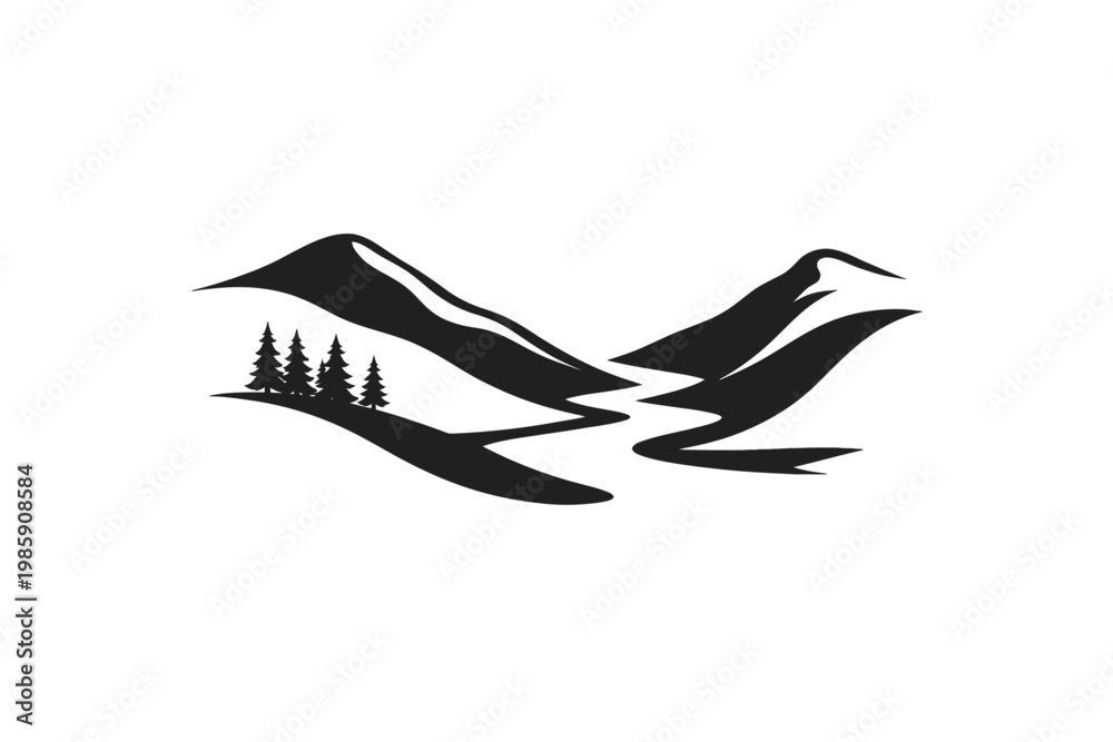 Obraz premium A serene minimalist monochrome landscape illustration featuring majestic mountains, a winding river, and a cluster of evergreen trees, evoking a sense of calm, natural beauty, and outdoor adventure, p