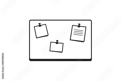 A minimalist black and white vector icon showcasing a classic bulletin board with three important notes pinned by thumbtacks. This clear graphic effectively represents organization, task management, r