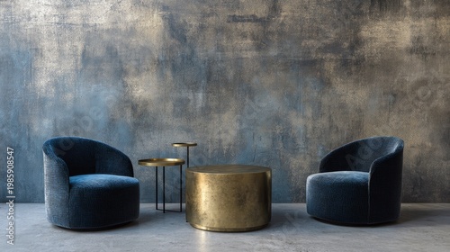 Modern interior design with blue armchairs and metallic coffee tables