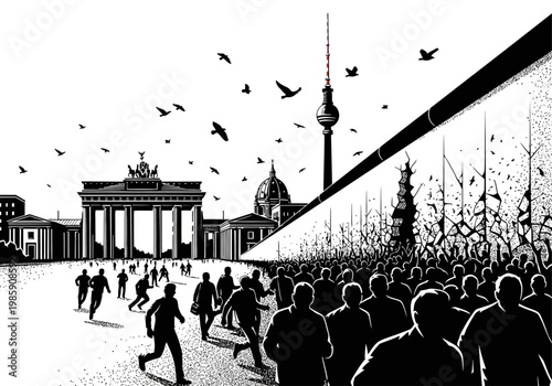 Fall of the Berlin Wall Graphic Illustration with Brandenburg Gate, TV Tower and Crowds Celebrating Freedom and Unity