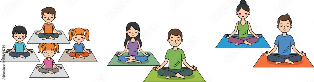 Fototapeta premium Children and Adults Practicing Yoga in Different Poses on Mats in Vector Art Style